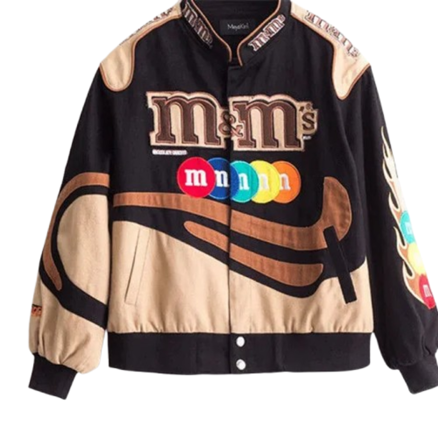 M&M's,color block varsity jacket