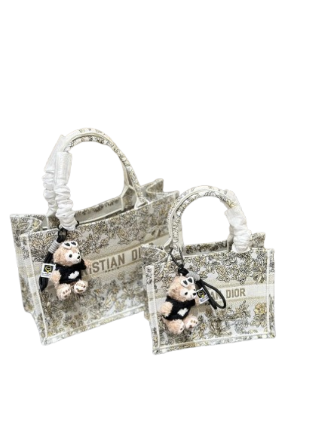 Christian Dior golden floral jacquard Book Tote with bear pendant