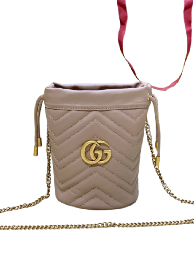 Gucci GG Marmont dusty pink chevron quilted leather mini bucket crossbody bag