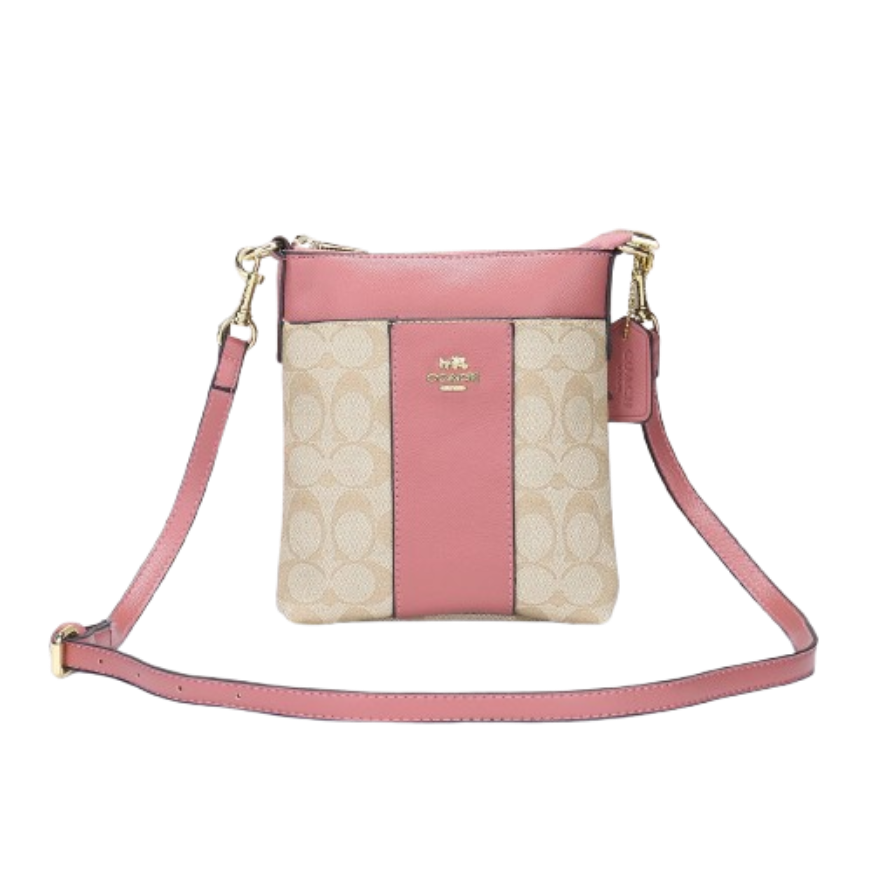 Coach pink trim classic signature canvas small bucket crossbody bag