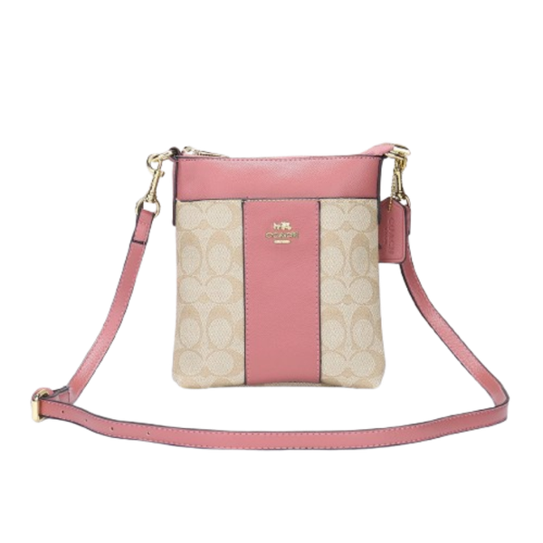 Coach pink trim classic signature canvas small bucket crossbody bag